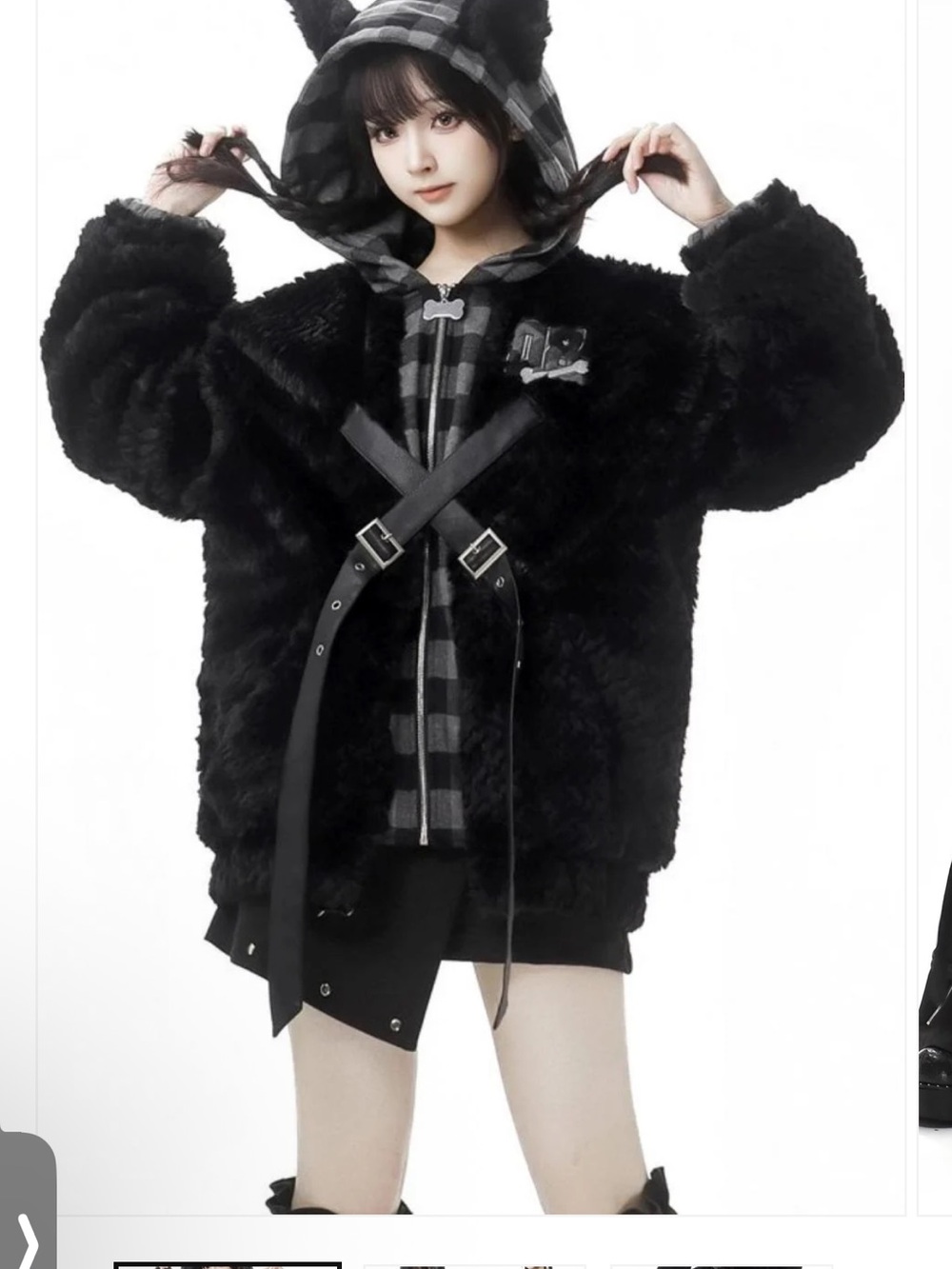 Black Faux Fur Hooded Jacket with Plaid Trim
